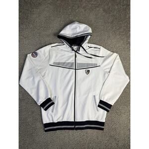 WND Hoodie Mens 2XL White Full Zip Hooded Pockets Sports Crest Striped Trim